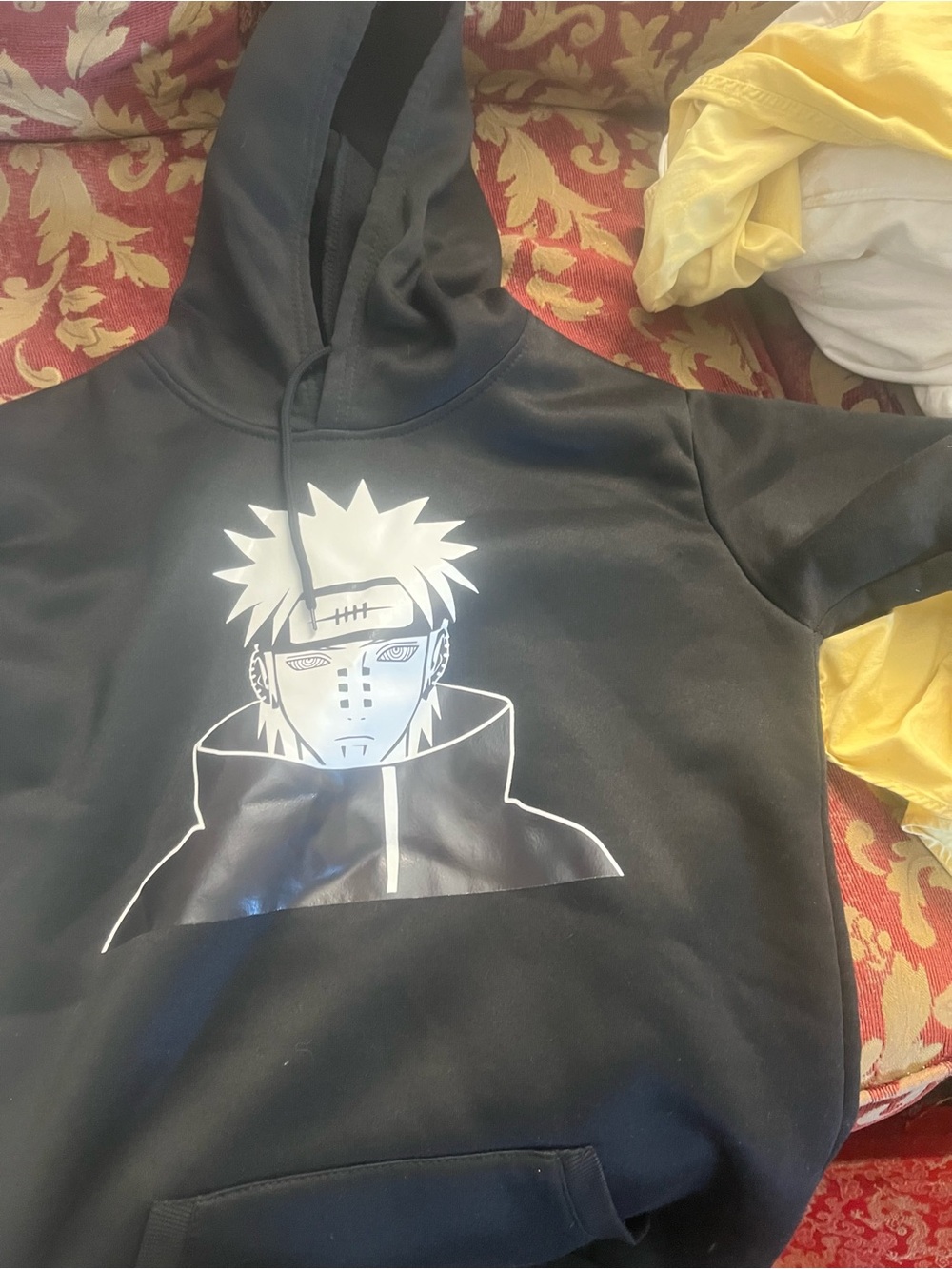 Black Graphic Hoodie with White Anime Character Print